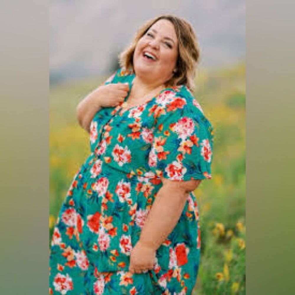 Green floral dress.  Flowy sleeves, cinched waist
